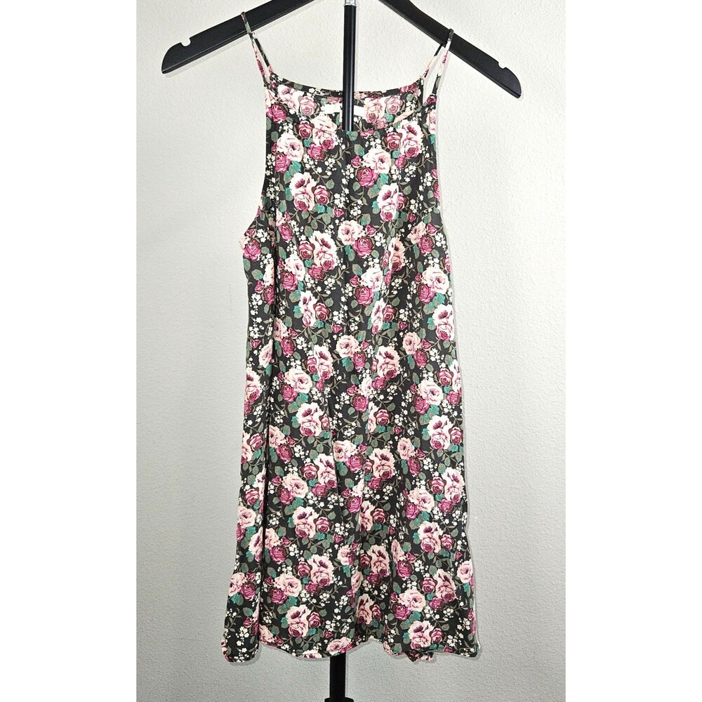Vans Floral Mini Dress M‎ Black Pink Roses Strappy Skater Swing Boho Casual